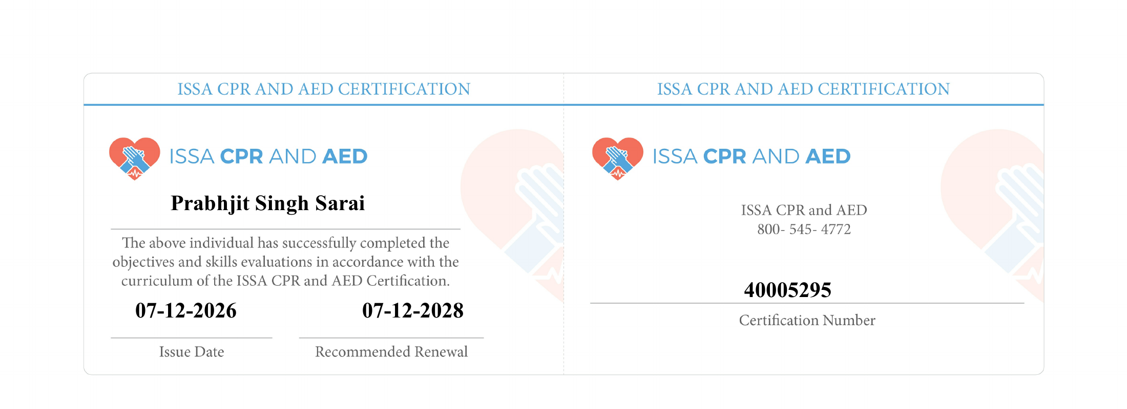 ISSA CPR and AED Certification for Prabhjit Singh Sarai