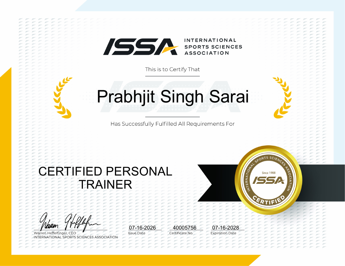 ISSA Certified Personal Trainer certificate for Prabhjit Singh Sarai