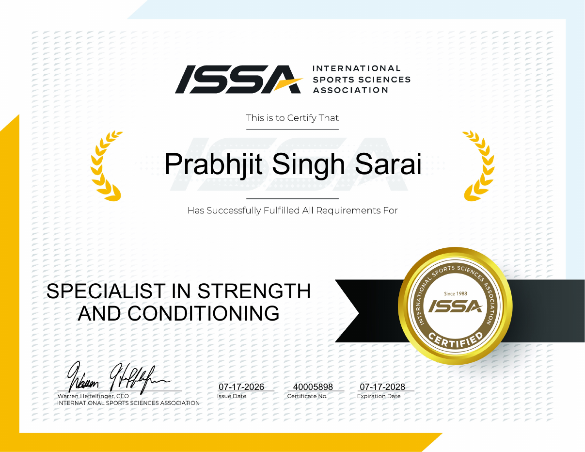 ISSA Specialist in Strength and Conditioning certificate for Prabhjit Singh Sarai
