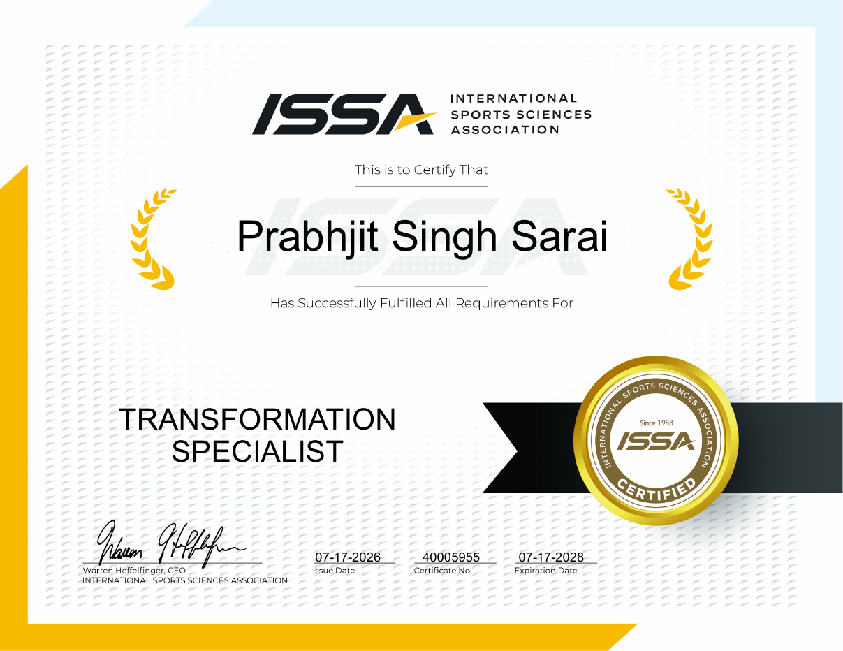 ISSA Transformation Specialist certificate for Prabhjit Singh Sarai