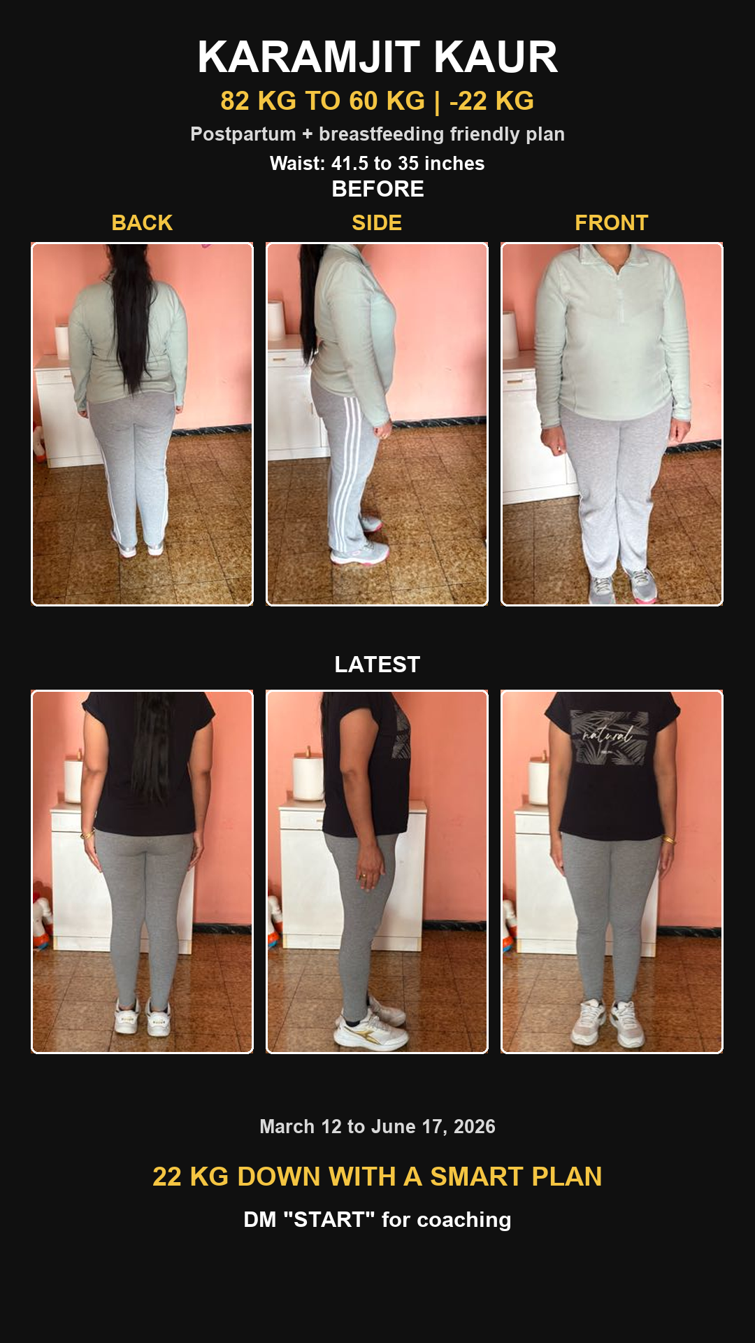 Prabh Sarai Fitness client result showing 82 kg to 60 kg progress