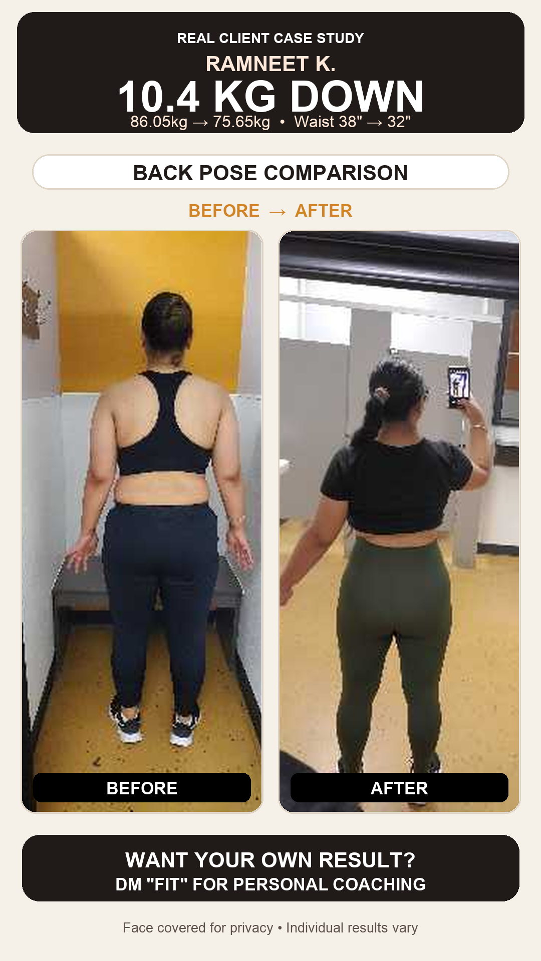 Ramneet K. client result: back pose before and after comparison