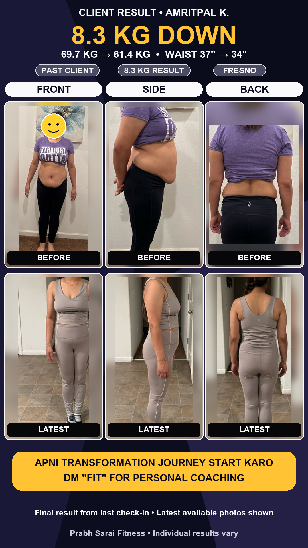 Amritpal K. client progress: before and latest front, side and back photo comparisons
